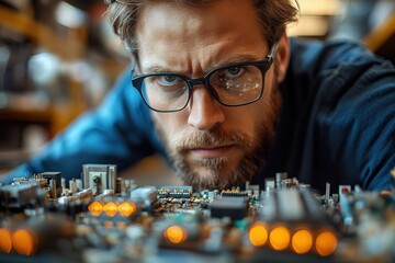 Computer engineer with hardware components,