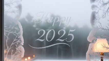 Happy 2025 message etched on frosty glass with intricate swirls, set against a tranquil snowy morning