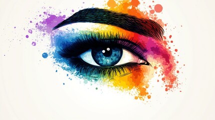 Colorful eye makeup, vibrant watercolor splash background.
