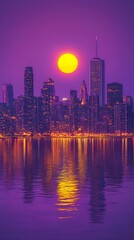 Fototapeta premium A purple city skyline with the moon rising in front of it. In retro wave style, 80s, 90s, vaporwave aesthetic