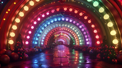 Obraz premium Christmas lights on a busy street with lots of people.stunning hues of the nightlight tunnel as a backdrop. The day of happiness is depicted in every decoration.