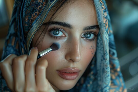 A Middle Eastern woman elegantly applies makeup in a brightly lit, modern bathroom. The image captures beauty, self-care, and a sophisticated routine.