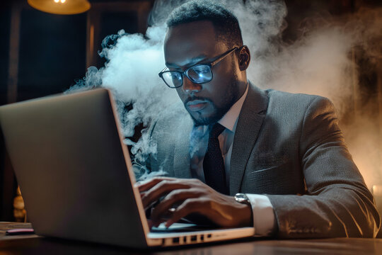 An African American businessman in a suit works intently at his laptop in a dimly lit room, illuminated by the screen while smoke drifts around him