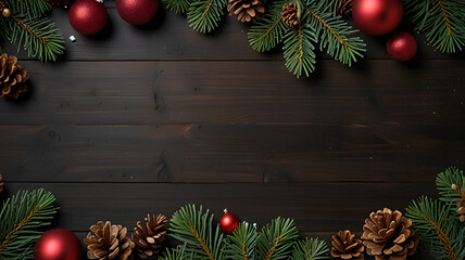 Christmas pinecones and red ornaments on rustic wooden background with evergreen branches create a festive and cozy winter setup