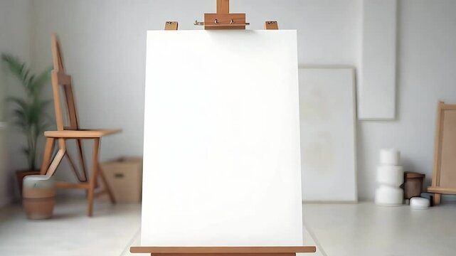 Blank Canvas on Easel in Art Studio, White Background, Wooden Easel, Artist Workspace