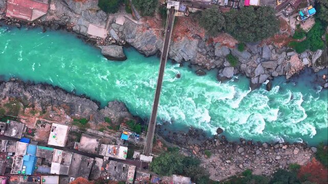 Stunning drone shots showcase Rudraprayag Sangam, merging Alaknanda and Mandakini.