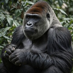 Obraz premium A powerful gorilla with a silverback, sitting thoughtfully on a white background.