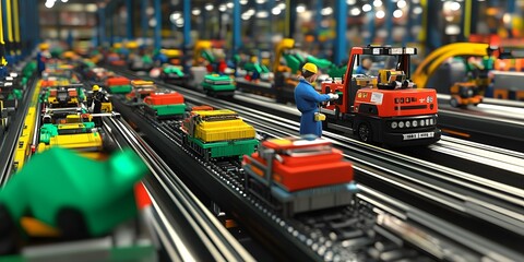 A vibrant factory scene showcasing miniature cars on an assembly line with workers.