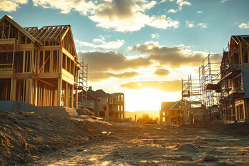 Fototapeta premium Newly constructed modern family houses at a construction site during a vibrant sunset with scaffolding in view