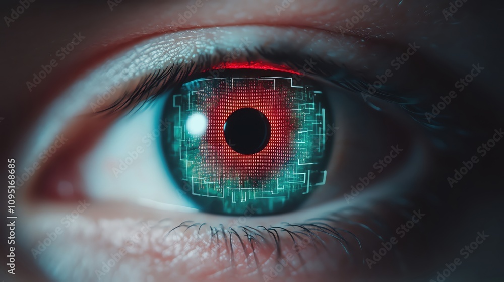 Poster close-up of a futuristic eye with digital patterns and glowing elements, symbolizing innovation.