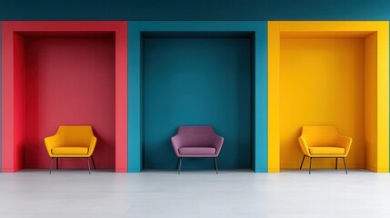 Educational office space with study pods, colorful walls, and openplan reading zones, modern office interior design, learning environment