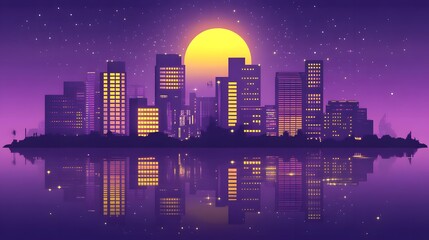 Naklejka premium A purple city skyline with the moon rising in front of it. In retro wave style, 80s, 90s, vaporwave aesthetic