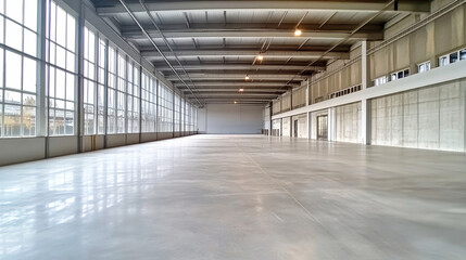 Spacious modern warehouse interior with high ceilings and panoramic windows showcasing industrial architecture and clean concrete floors