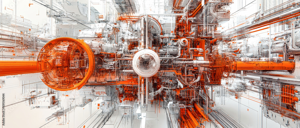 Poster exploring intricate mechanical systems with vibrant colors and detailed engineering designs in a fut