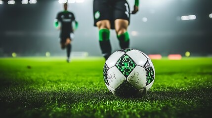 Fototapeta premium A Soccer Ball on the Field with Blurry Players in the Background