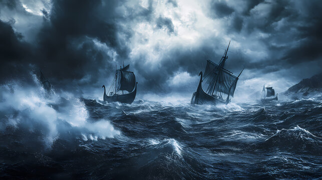 Epic scene of viking ships braving stormy seas, capturing adventurous spirit and historical maritime exploration. Stormy Sea Voyage. Illustration