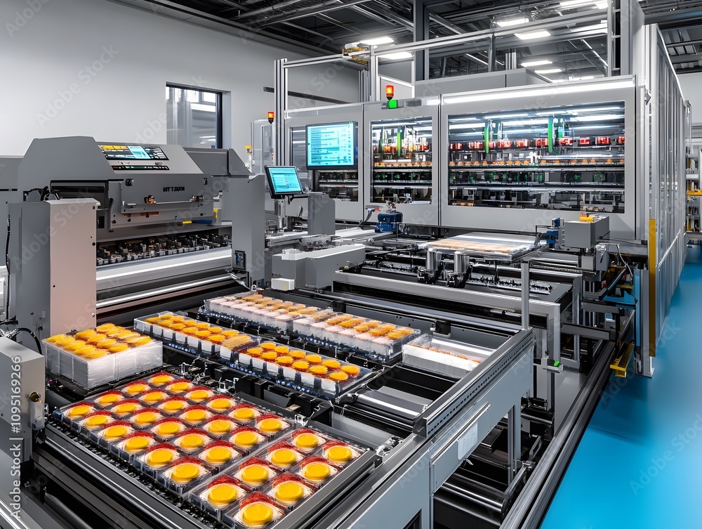 Poster automated production line with trays of orange products being processed.