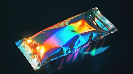 A shiny, holographic packaging pouch reflecting colorful light.
