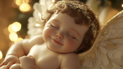 A Sleeping Angel Figurine with Golden Wings and a Floral Headband