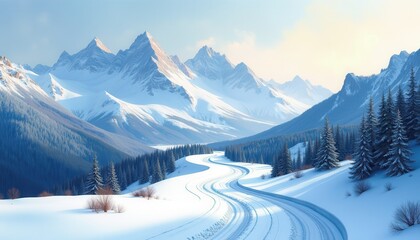 Snowy mountain pass with winding trails leading into a pale blue sky, creating an open center space for overlays