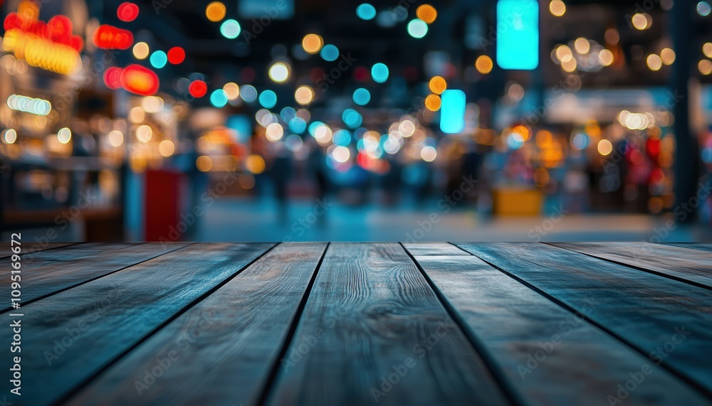 Poster wooden table top with blurred bokeh abstract background: ideal for montage product display or key vi