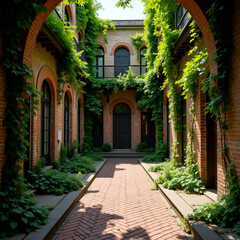 Obraz premium Minimalist vector art of an abandoned courtyard overgrown with lush vines and geometric brick symmetry 