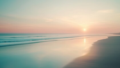 Fototapeta premium Tranquil Beach Landscape With Soft Morning Sky And Healthful Sunlight Creating A Serene Atmosphere Of Freedom And Cleanliness