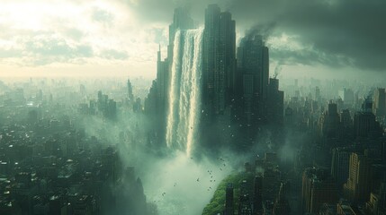 A futuristic cityscape featuring a massive waterfall cascading from towering skyscrapers.