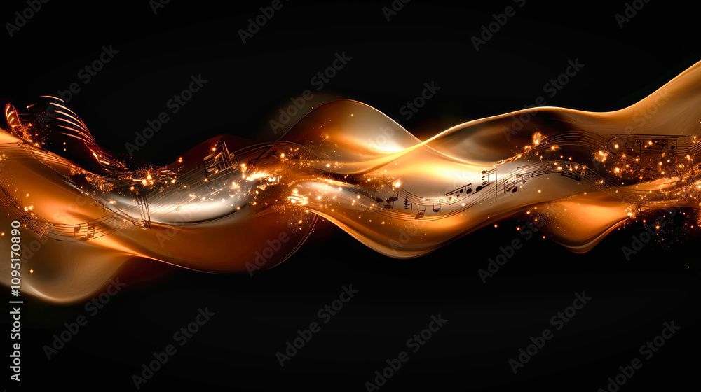 Poster glowing waves of music notes dance across a textured black and orange canvas in a vibrant abstract d