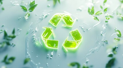 Eco-Friendly 3D Recycling Symbol with Glowing Green Light on White Surface Surrounded by Nature Elements - High Resolution Environmental Concept with Copy Space