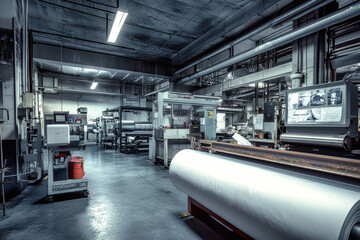 Large rolls of white paper in an industrial printing house showcasing machines and conveyor belts under bright lighting