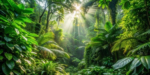 Sunbeams Through the Jungle Canopy Lush Greenery and a Misty Atmosphere
