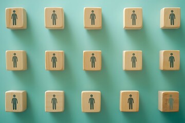 Overhead View Identical Wooden Blocks, Workforce Pattern