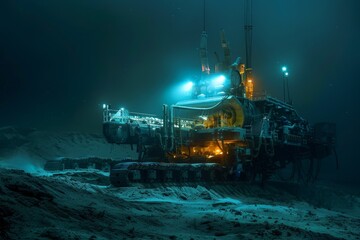 An alien-like automated mining station rests on the ocean floor, its lights piercing the deep-sea darkness as it sifts through sands for minerals. Seafloor mining.