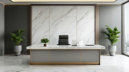 Luxury office suite with marble flooring, bespoke furniture, and gold accents, modern office interior design, highend design