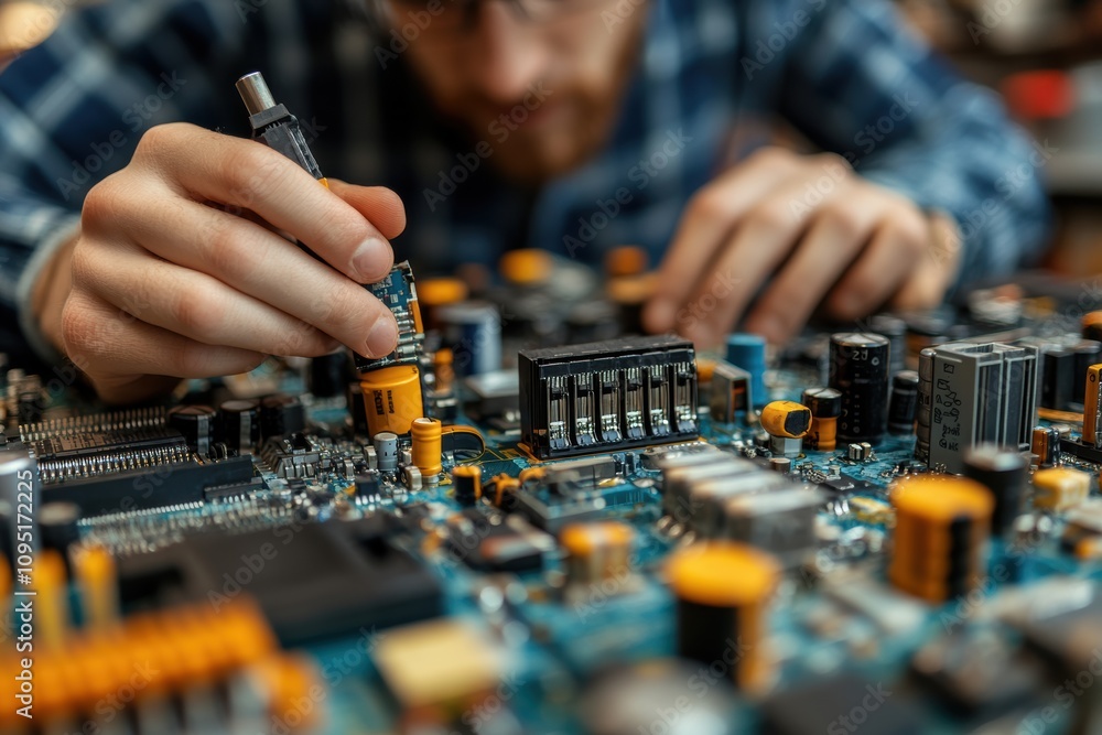 Poster Hardware engineer assembling components, focusing on tech devices,