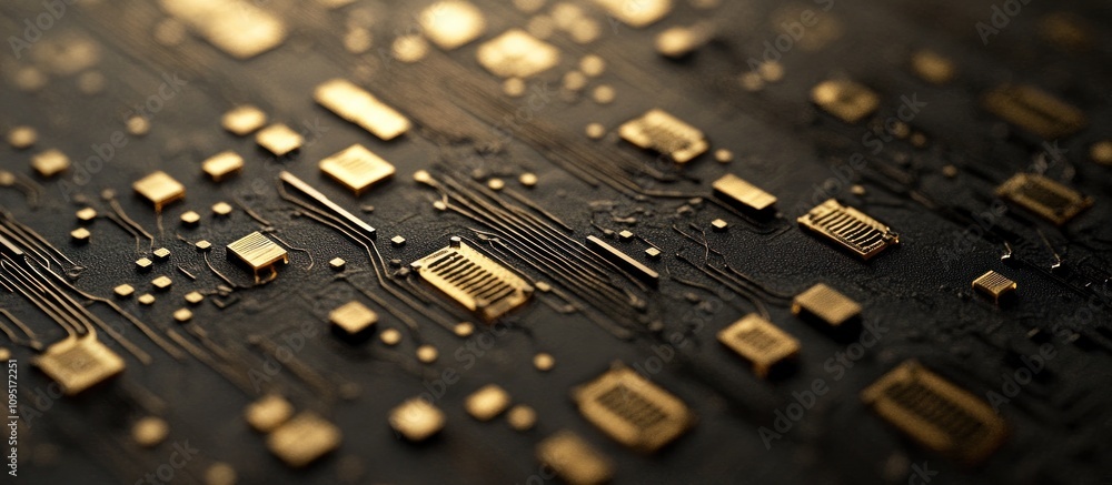 Poster close-up of a circuit board's intricate golden components and pathways.