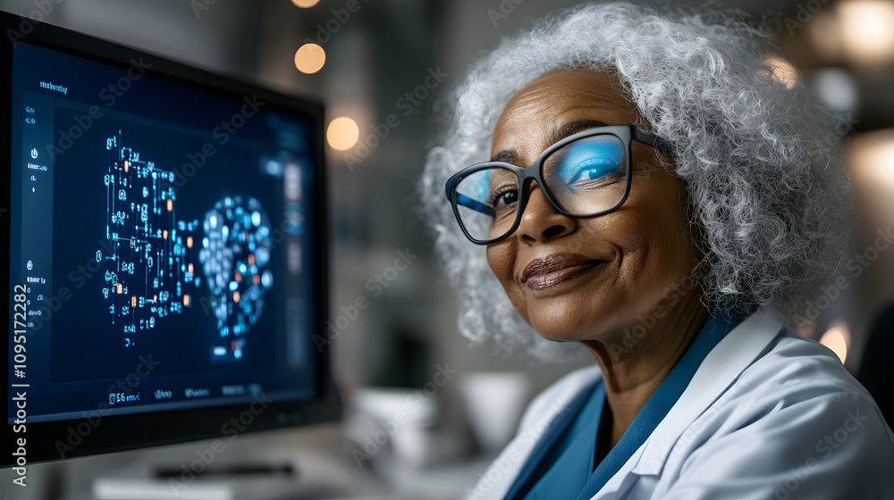 Poster senior scientist analyzing digital data on a monitor, showcasing a glowing brain diagram in a modern