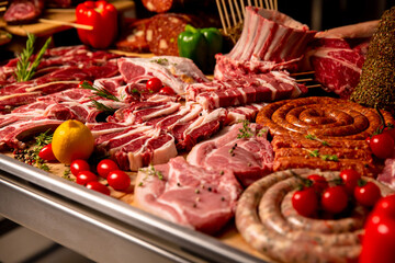 Meat products layout lamb loins and steak pork cuts and vegetables on a wooden table in a butcher shop. Sausages and raw meat chunks.