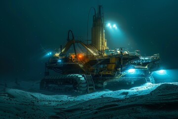 An alien-like automated mining station rests on the ocean floor, its lights piercing the deep-sea darkness as it sifts through sands for minerals. Seafloor mining.