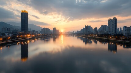City skyline at dusk with glowing skyscrapers reflecting on a calm river, urban glowtime, serene and modern