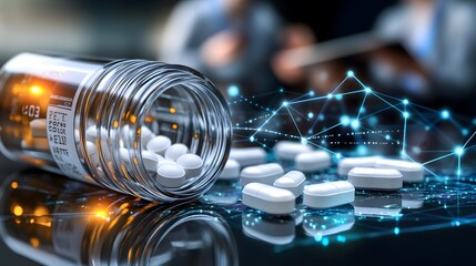 Spilled medicine bottle with white pills on a digital interface and glowing network, symbolizing advanced healthcare and pharmaceuticals