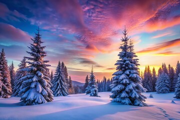 Fototapeta premium Watercolor Winter Twilight Landscape with Pine Trees and Snow at Dusk - Serene Evening Scenery for a Magical Winter Background