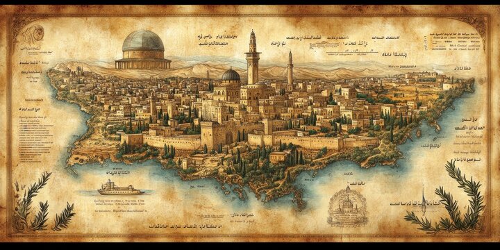 Artistic Depiction Of Jerusalem Cityscape Ancient Map Style