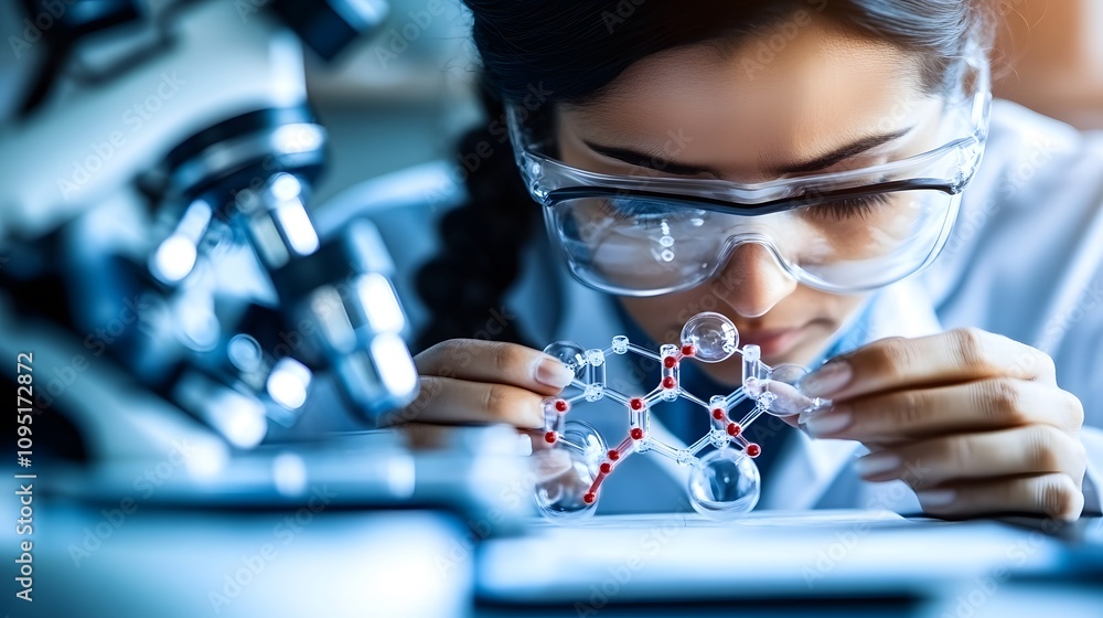 Poster focused scientist examining a molecular model with protective goggles in a laboratory near a microsc