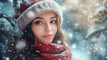 A beautiful charming girl enjoining herself in the snow background of Merry Chirstmas