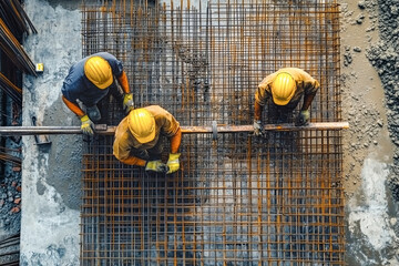 Construction workers prepare steel mesh for concrete pouring at a bustling construction site in a vibrant yellow and gray environment
