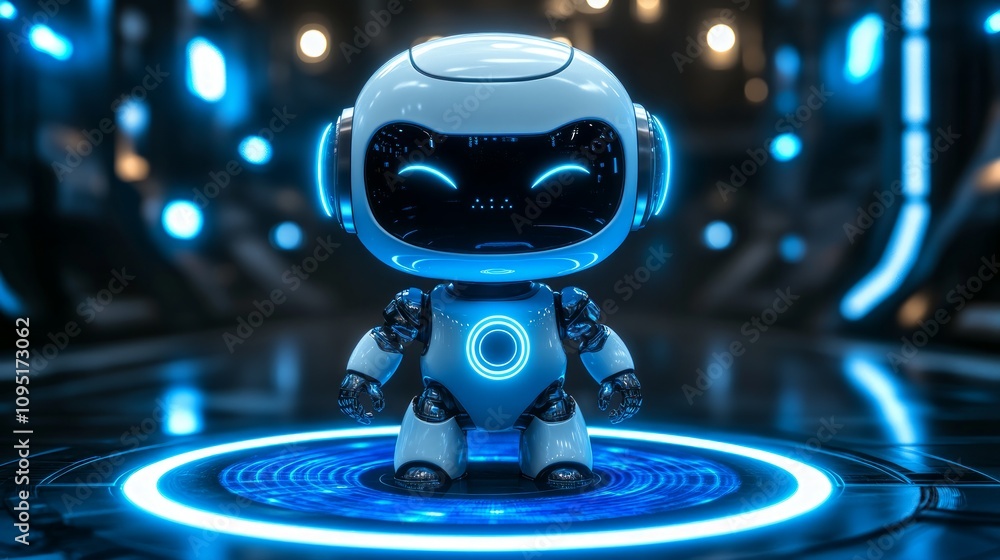 Poster cute small robot standing on a glowing circle in a futuristic setting.