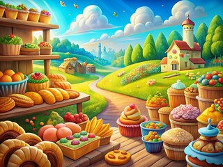 Whimsical Bakery Department Illustrations Featuring Cartoon Baked Goods, Pastries, and Sweet Treats in a Playful Landscape Setting for Culinary Enthusiasts and Food Lovers