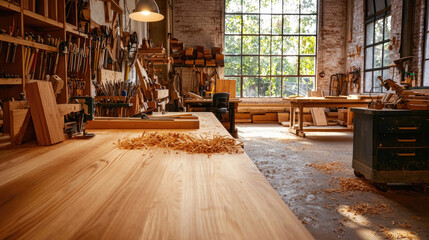 A bright and spacious woodworking shop filled with tools, wood shavings, and natural light, showcasing a creative workspace.